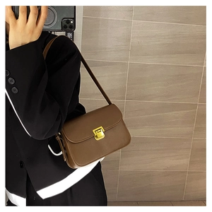 Brown vintage shoulder bag with golden square lock shown in a stylish mirror selfie