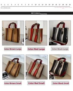 Striped canvas tote bags in red, brown, and black with size comparison and scale