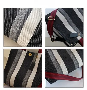 Detailed views of woven striped tote bag showing metal lock and texture details