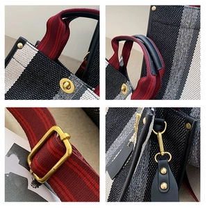 Close-up of golden hardware, striped strap, and woven texture of the striped tote bag