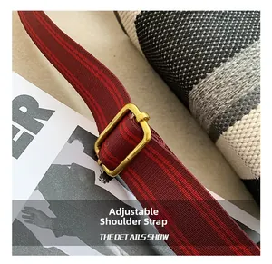 Close-up of adjustable red striped fabric shoulder strap with gold metal buckle hardware