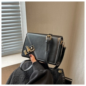 Close-up of black square crossbody bag with gold hardware and metal chain lock detail