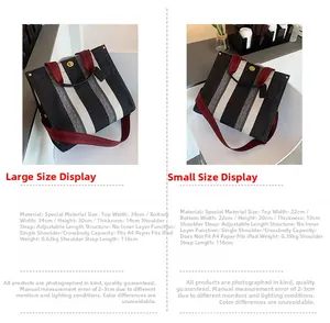 Size comparison chart for striped tote bags showing large and small dimensions and specs