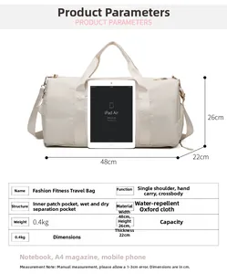 Detail view of large travel bag dimensions with iPad size comparison for scale