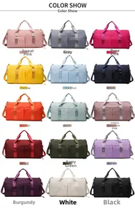 Collage of multi-colored large capacity gym bags with dry wet separation detail