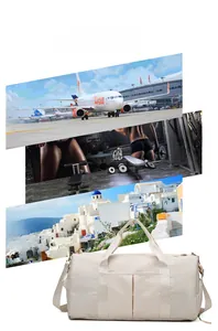 Spacious beige travel bag with wet-dry separation and adjustable shoulder strap