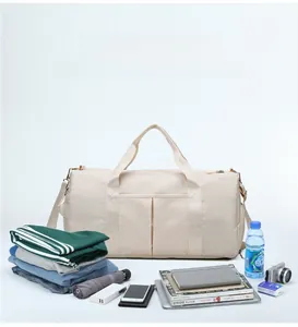 Large beige travel bag shown with clothes and gadgets highlighting spacious storage capacity