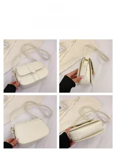 Mehrere Ansichten einer weißen Satteltasche aus Kunstleder mit Magnetverschluss und Trageriemen