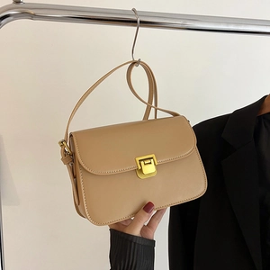 Vintage Women Small Square Crossbody Bag Retro PU Leather Shoulder Bag With Gold Metal Lock Buckle Minimalist Elegant