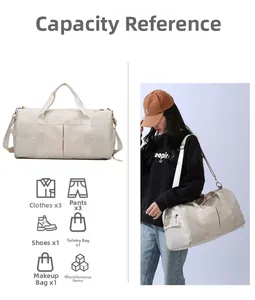 Detail of off-white travel bag showing large capacity storage and crossbody strap