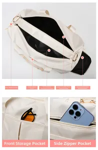 Detail of travel bag with wet-dry separation and interior multi-pocket storage layout