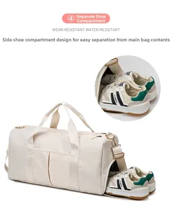 Detail of the separate shoe compartment on the cream-white waterproof travel fitness bag