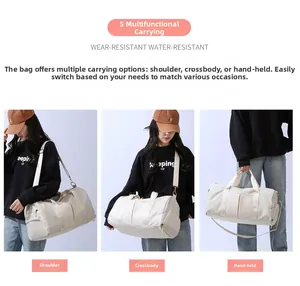 Three-way carry demonstration of cream travel bag showing tote, shoulder, and crossbody styles