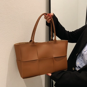 Large Woven Tote Bag PU Leather Handbag Fashion Solid Color Shoulder Bag With Internal Zipper Pocket Casual For Women