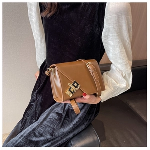 Close-up of caramel brown leather crossbody bag with black-gold buckle and chain detail
