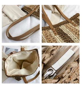 Detail view of woven tote bag showing leather handles, fabric lining and zipper texture