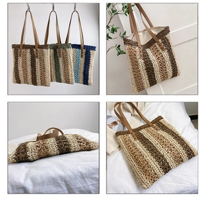 Detailed views of a large woven tote bag with colorful stripes and brown PU leather straps