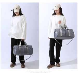Dual view of gray travel bag with wet-dry pockets for fitness and yoga activities
