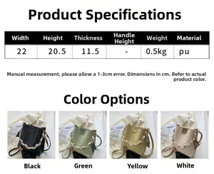 Detailed view of bucket bag dimensions and four available colors in PU material