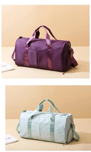 Deep purple and light green waterproof travel bags with separate wet-dry compartments