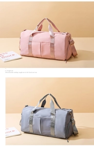 Detail view of large-capacity gym bags in pink and gray featuring dry-wet separation
