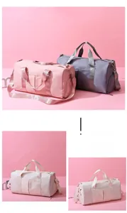 Water-resistant travel bags in pink, purple and beige with wet-dry separation pockets