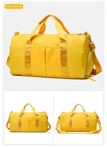 Detail view of yellow waterproof fitness bag with adjustable strap and shoe compartment