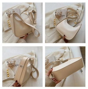 Multi-angle views of a beige half-moon shoulder bag with adjustable strap and silver hardware