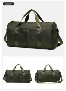 Army green travel bag with separate shoe compartment and adjustable shoulder strap detail