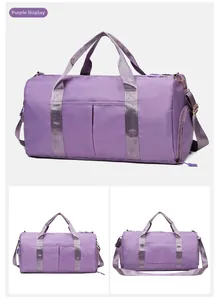 Detail of purple travel bag with waterproof nylon fabric and luggage handle sleeve