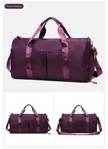 Macro view of purple waterproof travel bag showing texture, zippers, and handles