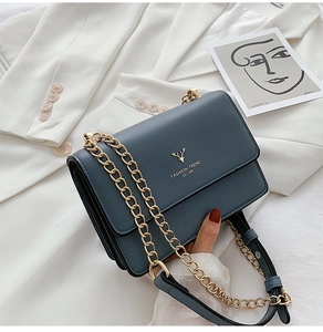 Detail of grey-blue chain crossbody bag with gold deer logo and fashion lettering