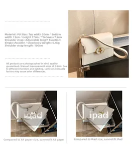 Spécifications de taille détaillées du sac bandoulière blanc en PU avec comparaison d'échelle