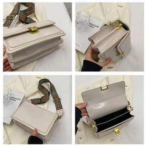 Détail du sac à bandoulière blanc cassé avec sangle ethnique et trois compartiments internes