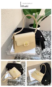 Trois vues détaillées du sac en cuir kaki avec son fermoir anneau doré et sa bandoulière
