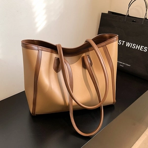 Minimalist large capacity leather tote bag in khaki and brown bicolor design