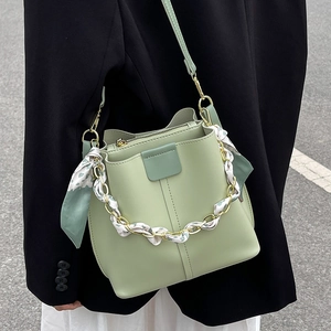 Women PU Leather Bucket Bag With Satin Scarf Chain Handle Adjustable Shoulder Strap Street Style Crossbody Tote Handbag