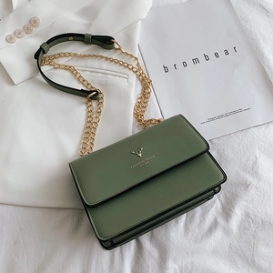 Army green small square chain bag with golden deer head logo and textured leather surface