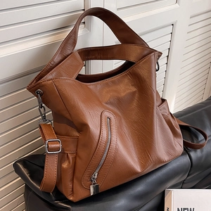 Sac Hobo Vintage En Cuir PU Grande Capacité Pour Femmes Mode Large Bandoulière Sac Fourre-tout Souple Avec Poche Zippée
