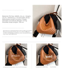 Brown quilted tote bag showing size comparison with A4 magazine and iPad device