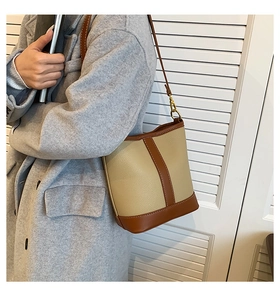 Model wearing a two-tone beige and brown leather bucket bag with gold metal hardware