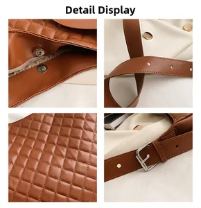 Detailed views of brown quilted faux leather bag with magnetic buckle and adjustable strap