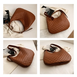 Multiple views showing brown quilted leather hobo bag with elegant diamond stitching details