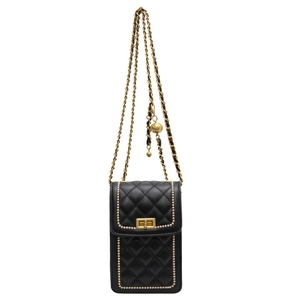 Quilted black leather phone bag with gold hardware and adjustable ball chain strap