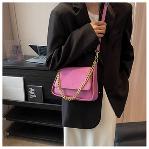 Detail of a pink leather crossbody bag with gold chain and logo worn by a model