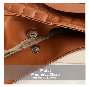 Detailed macro view of high-quality magnetic closure on a brown quilted tote bag