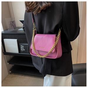 Detail of purple matte leather crossbody bag with gold chain and brand logo plaque