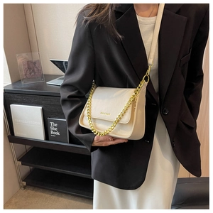 Detail of cream rectangular flap crossbody bag with gold chain and metal logo plate