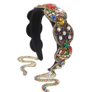 Baroque style wide headband with colorful crystals and long tassel chains on white background