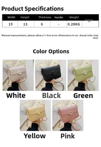Vertical layout showing size parameters and five candy colors of the PU flap crossbody bag